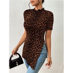 -Item Id 27313898 -Details: Asymmetrical, Split -Sleeve Type: Regular Sleeve -Style: Casual -Hem Shaped: Asymmetrical -Color: Coffee Brown -Pattern Type: Leopard Print -Neckline: Stand Collar -Sleeve Length: Short Sleeve -Length: Long -Fit Type: Regular Fit -Fabric: Slight Stretch -Material: Knitted Fabric -Composition: 91% Polyester, 9% Elastane -Care Instructions: Machine Wash, Do Not Dry Clean,Wash With The Soft Detergent -Sheer: No **Open To Offers!!!** **Bundle To Save More** **30% Off Bund Asymmetrical Hem Knit Top For Fall, Knit Tops With Asymmetrical Hem For Fall, Knit Top With Asymmetrical Hem For Fall, Casual Asymmetrical Knit Top For Fall, Casual Stretch Top With Asymmetrical Hem, Trendy Asymmetrical Stretch Knit Top, Casual Stretch Asymmetrical Knit Top, Casual Asymmetrical Stretch Knit Top, Casual Asymmetrical Knit Top