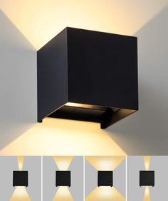 the square light fixture is shown with four different lighting options for each one, including two lights