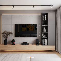 a modern living room with an entertainment center