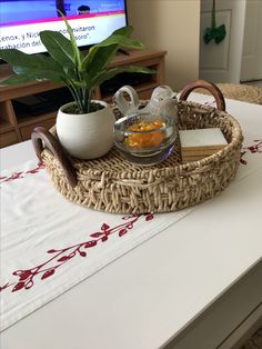 a tray with some food on it and a potted plant