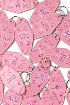 lots of pink tags with hearts on them