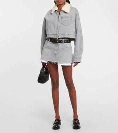 Miu Miu Shop, Denim Miniskirt, Miuccia Prada, Cropped Denim Jacket, Denim Jacket Women, Faux Fur Collar, Women's Coats, Cropped Denim, Fur Collar