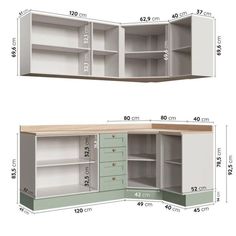 the measurements for an office desk with drawers and cupboards