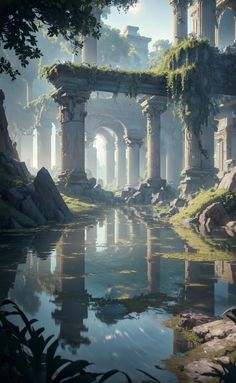 the ruins of an ancient city are reflected in water