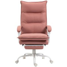 an office chair with a pink cushion and white base, sitting in front of a white background