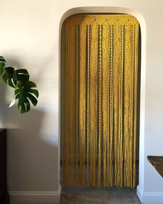 the door is decorated with gold fringes and a plant next to it in front of a white wall