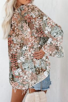 Floral Print Drawstring Long Bell Sleeve Blouse Green Fall Vacation Blouse, Green Fall Vacation Tops, Stretch Multicolor Blouse For Spring, Long Sleeve Tops For Beach In Spring, Printed Blouse For Fall Vacation, Printed Long Sleeve Tops For Beach, Stretch Long Sleeve Tops For Vacation, Long Sleeve Tops With Floral Print For Beach, Long Sleeve Floral Print Tops For The Beach