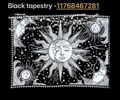 a black and white drawing of the sun and moon with stars in the night sky