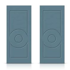 two blue doors are open on a white background