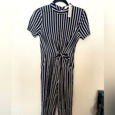 Navy Blue With Stripes Jumpsuit With Open Back. Size Medium Striped Jumpsuit, Pant Jumpsuit, Jumpsuit, Pants For Women, Stripes, Women Shopping, Blue