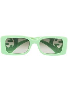 mint green acetate tonal design logo-engraved arm rectangle frame gradient-grey tinted lenses UV protection sculpted arms curved tips These glasses come with a protective case. Manolo Blahnik Hangisi Flats, Eyewear Logo, Green Gucci, Sculpted Arms, Gucci Glasses, Trendy Glasses, Denim Shoulder Bags, Ballerina Shoes Flats, Logo Knit