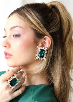 Emerald Statement Crystal Earrings Emerald Green Crystal | Etsy Luxury Rectangular Stone Earrings For Formal Occasions, Green Clip-on Jewelry For Party, Green Jeweled Earrings For Party, Green Jeweled Party Earrings, Emerald Green Crystal, Emerald Green Earrings, Earrings Emerald, Oversized Earrings, Modern Accessories