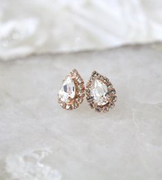 Rose gold Bridal earrings Small Teardrop Wedding earrings | Etsy Rose Gold Prong Set Earrings For Wedding, Rose Gold Earrings With Prong Setting For Wedding, Elegant Rose Gold Crystal Earrings With Sparkling Stones, Formal Sparkling Rose Gold Crystal Earrings, Rose Gold Prong Setting Bridal Drop Earrings, Rose Gold Drop Bridal Earrings With Prong Setting, Rose Gold Crystal Bridal Earrings For Gift, Rose Gold Drop Earrings With Prong Setting For Bridal, Rose Gold Drop Earrings With Prong Setting For Brides