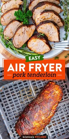 an air fryer with pork on it and the title overlay reads easy air fryer pork tender