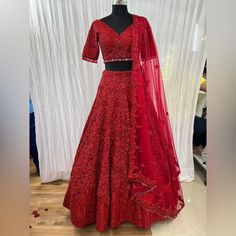 Custom Made, Hand Beaded From India Woman’s Bridal Lehenga Choli Worn Once For Only 2 Hours Then Changed Into White Gown In Great Condition Comes With Skirt, Blouse, Dupatta Formal Red Lehenga With Intricate Embroidery, Designer Red Wedding Set, Red Embroidered Lehenga For Ceremony, Traditional Red Lehenga For Ceremony, Red Traditional Lehenga For Ceremony, Red Lehenga For Formal Festive Occasions, Elegant Red Lehenga For Ceremony, Red Lehenga With Dupatta For Ceremony, Fitted Red Lehenga With Intricate Embroidery