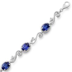 Oval Created Blue Sapphire and Round Natural White Diamond Accents Sterling Silver Bracelet With Prong Setting,Measure Approximately 174.80'' L x 3/16'' H x 17/64'' W Prom Planning, Diamonds Bracelet, Silver Jewellery Online, Rose Ring, Sapphire Bracelet, Tennis Bracelet Diamond, Sterling Silver Bracelet, Tennis Bracelet, Silver Diamonds