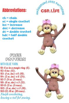 two crocheted stuffed animals with pink bows on their heads, one in the shape of a monkey