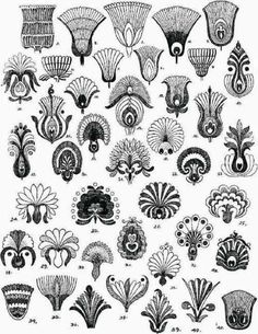 an old black and white photo with many different designs