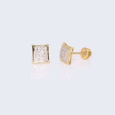 14K Yellow Gold Square Cushion Diamond Studs Earrings Luxury Diamond Earrings With Square Cut, Diamond Studs Earrings, Baby Earrings, Cushion Diamond, Studs Earrings, Elegant Earrings, Diamond Earrings Studs, 10k Gold, Diamond Studs