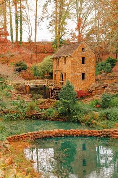 an old stone building in the middle of a forest filled with trees and bushes next to a pond