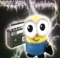 a minion is holding a boombox in front of a black background with lightning