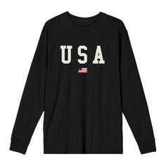 Embrace your patriotic spirit with this black Americana crew neck long sleeve shirt. Featuring an image of the American flag under bold white letters spelling out "USA," this shirt proudly showcases your love for the red, white, and blue. Crafted from a blend of cotton and polyester, it offers both comfort and durability for everyday wear. Easily maintain its vibrant colors and fabric integrity by machine washing this graphic tee on cold with like colors and tumble drying on low heat. Black Crew Neck T-shirt Made In Usa, Collegiate Style Black Long Sleeve T-shirt, Black Long Sleeve Collegiate T-shirt, Long Sleeve T-shirt With Lettering, Patriotic Black T-shirt With Letter Print, American Style Letter Print T-shirt For Streetwear, Patriotic Black Top With Flag Print, Black Patriotic T-shirt With Letter Print, American Streetwear Tops With Letter Print