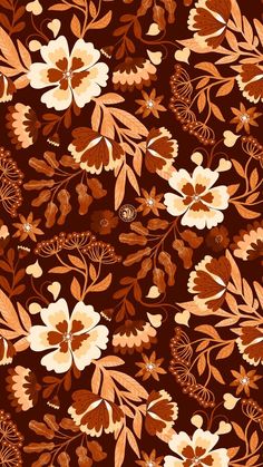 an orange and brown floral pattern on a dark background with white flowers, leaves and buds