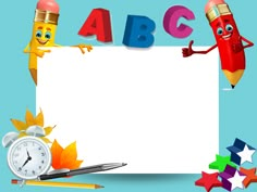 cartoon characters holding up a white board with the letters abc and c on it, surrounded by colorful stars