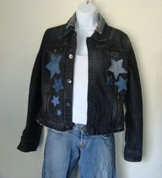 OOAK Large UpCycled Blue Denim Jacket with Star Appliques I up cycled this Mur Mur by ANTHROPOLOGIE denim jacket by applying handmade recycled jeans star appliques. The waist band has raw edges. Ladies US letter size large. This jacket runs small. Please check your measurements. It is more like a small to medium. Bust 36 inches Waist 35 inches Sleeve length 24 3/4 inches Finished length 20 inches Fabric 95% cotton 5 % spandex (the fabric does not Stretch) Metal button closures 1 pocket is functi Winter Denim Outerwear With Star Print, Recycled Jeans, Photo Proof, Blue Denim Jacket, Denim Coat Jacket, Blue Jewelry, Blue Jacket, Metal Buttons, Jacket Coat