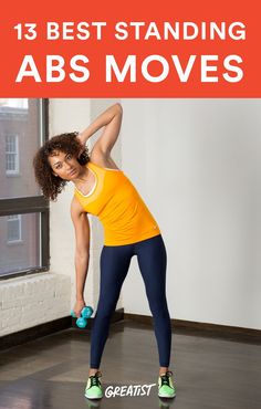 a woman doing an exercise with dumbbells in front of a window and the words, 15 best standing abs moves