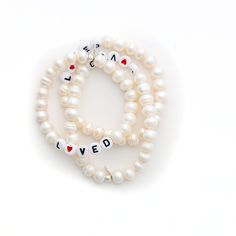 8mm white freshwater potato pearls with L❤️VED letters. a reminder for yourself or someone else that you are and they are LOVED choose size : small fits approximately 6-6.5” wrist, medium fits approximately 6.5-7.25”wrist, large fits 7.25-8” wrist, XL fits approximately 8-8.5 bracelets are made on stretch elastic, please remove when bathing or swimming to keep most clean and in best shape ***LISTING IS FOR ONE BRACELET*** Reminder For Yourself, Pearl Bracelet, Fresh Water, Potato, Swimming, Elastic, Bracelet, White