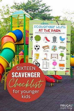 an outdoor playground with slides and children's play equipment, including a sign that says six scavenger checklist for younger kids