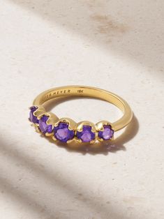 Jennifer Meyer's jewelry is "intended to become a seamless extension of those wearing it." Handcrafted from 18-karat gold, this ring is set with a row of majestic amethysts that graduate in size across the top of the band. Dainty Gemstone Jewelry, Gold Amethyst Ring, Jennifer Meyer Jewelry, Amethyst And Diamond Ring, Jennifer Meyer, Ring Minimalist, Ring Dainty, Jewelry Wedding, Gift Handmade