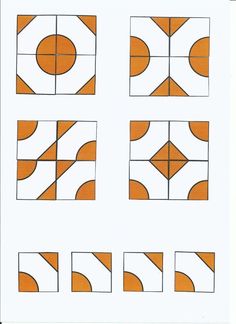 an orange and white pattern is shown in the middle of four squares, each with different shapes