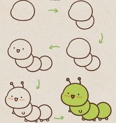 the drawing shows how to draw a caterpillar in three different ways, including one with