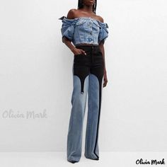 Olivia Mark - Contrast Distressed Mid Waist Wide Leg Denim Jeans with Unique Garter Hybrid Design Unique Garter, Unique Jeans, Wide Leg Denim Jeans, Leg Garter, Midi Denim, Hybrid Design, Denim Midi Skirt, Halter Crop Top, Bodycon Midi