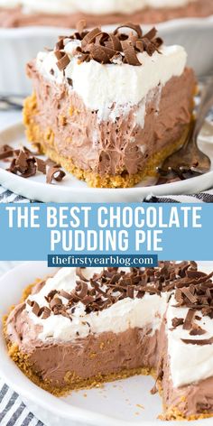 chocolate pudding pie pin with text overlay No Bake Chocolate Pudding Pie, Pie With Pudding, Gluten Free Chocolate Pie, Chocolate Pudding Pie Recipe, Baked Chocolate Pudding, Chocolate Pudding Pie, Silk Pie Recipe, Easy Chocolate Pie, Easy Chocolate Pudding