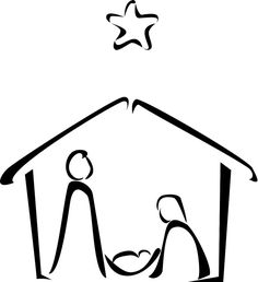 a black and white drawing of a manger scene with a star above the manger