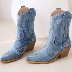 Womens Blueembroidered Western Cowboy Mid-Calf Chunky Heel Pull-Up Tabs Classic Cowgirl Boots Eyelet Embroidery Slip-On Low Heel Upper Material: Fabric Outsole Material: Rubber Blue Western Boots For Summer, Blue Denim Winter Boots, Blue Embroidered Boots For Spring, Light Blue Boots For Fall, Blue Embroidered Spring Boots, Classic Cowgirl, Eyelet Embroidery, Pull Up, Cowgirl Boots