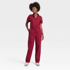 Women's Short Sleeve Boilersuit - Universal Thread™ Burgundy 2 Cotton Utility Jumpsuits And Rompers With Short Sleeve, Cotton Utility Jumpsuit With Short Sleeves, Short Sleeve Cotton Overalls For Workwear, Cotton Short Sleeve Overalls For Workwear, Utility Short Sleeve Overalls For Workwear, Utility Style Short Sleeve Overalls For Workwear, Cotton Utility Jumpsuit With Relaxed Fit, Casual Short Sleeve Overalls For Workwear, Casual Overalls For Workwear