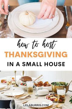 a woman sitting at a table in front of a plate with food on it and the words how to plan a virtual thanksgiving dinner