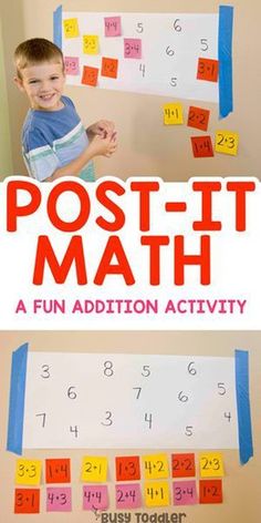 a poster with the words post - it math and a boy holding up a sign