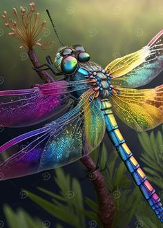 a colorful dragonfly sitting on top of a tree branch in front of green leaves