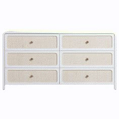 a white dresser with four drawers and two doors on each side, in front of a white background