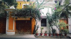 an orange building with potted plants on the outside