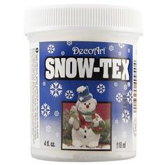 a jar of snow - tex paint sitting on top of a white table