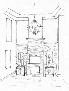 a drawing of a living room with two chairs and a fireplace