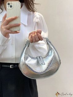 BirdinBag - Crocodile Embossed Metallic Mini Hobo Bag - Stylish and Chic Modern Crocodile Pattern Tote Shoulder Bag, Modern Shoulder Bag With Crocodile Pattern, Modern Tote Bag With Crocodile Pattern, Modern Crocodile Pattern Tote Bag, Modern Satchel Bag With Crocodile Pattern, Mini Hobo Bag, Silver Bag, Elegante Y Chic, Silver Bags