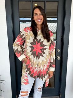 Get cozy in The Quiltie Top, an oversized button-up tunic with a trendy quilted design. Featuring a comfortable collar and stylish high-low cut, this top is perfect for a casual day out or a night in. The cuff sleeves add a touch of sophistication. Chelsea in Beige is wearing a size L/XL. Height is 5’8”, Bust is 36”, Waist is 29. Ashley in Turq. is wearing a size S/M. Height is 5’6”, Bust is 34”, Waist is a 28. Fall Cotton Tunic For Loungewear, Oversized Cotton Tunic For Fall, Cotton Tunic For Daywear In Fall, Fall Day Out Tunic, Fall Long Sleeve Daywear Tunic, Fall Button-up Casual Tunic, Casual Long Sleeve Tunic For Loungewear, Casual Cotton Tunic For Fall, Casual Fall Tunic With Buttons