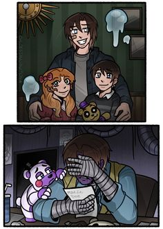 two comics showing people in the same room and one is holding a teddy bear while another looks on